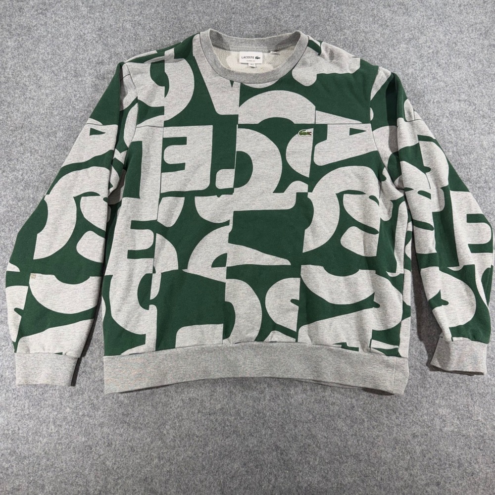 Lacoste Mens 3XL Green Gray All Over Print Logo Sweatshirt Classic Fit
